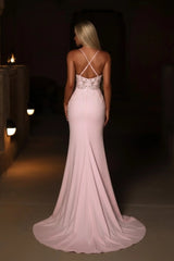 Blush Rhinestone Spaghetti Straps V-Neck Mermaid Lace Applique Floor Length Evening Dress