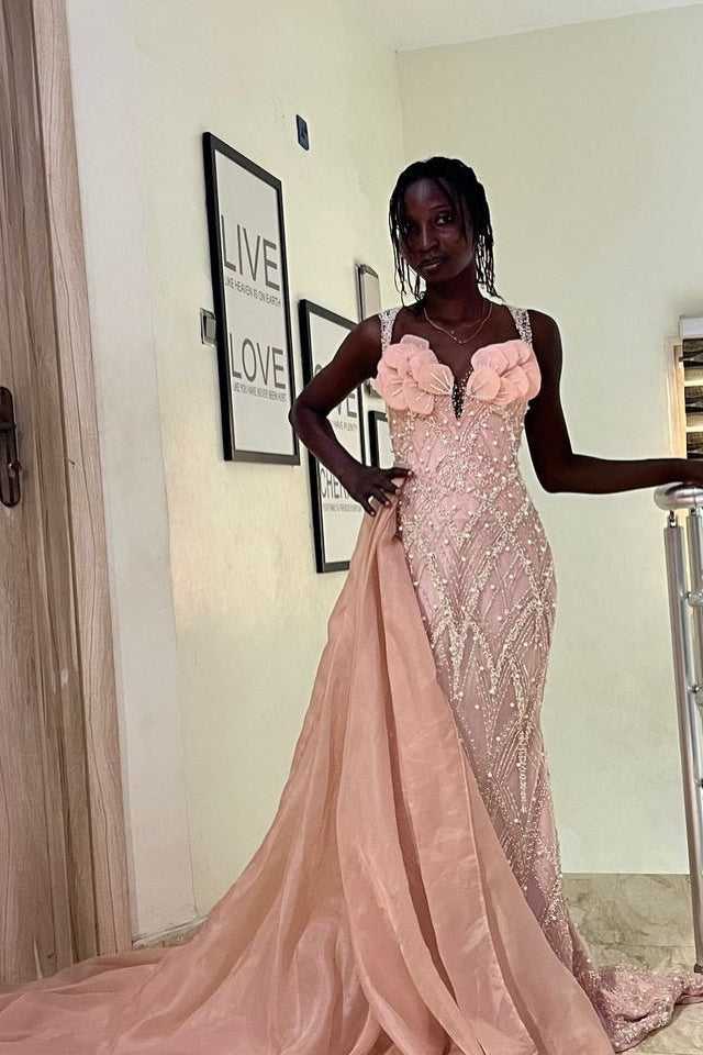Blush Pink Mermaid Evening Dress Sweetheart Deep V 3D Sculptural Floral Bust Pearl Crystal Diamond Lattice Beaded Lace-Up Corset Back Organza Overskirt Gown