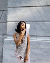 Blush Pink Mermaid Prom Dress Illusion Deep V Neck Silver Crystal Pearl Scalloped Lace Beaded Corset Oversized 3D Sculptural Bow Satin Cathedral Train Gown