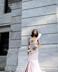 Blush Pink Mermaid Prom Dress Illusion Deep V Neck Silver Crystal Pearl Scalloped Lace Beaded Corset Oversized 3D Sculptural Bow Satin Cathedral Train Gown