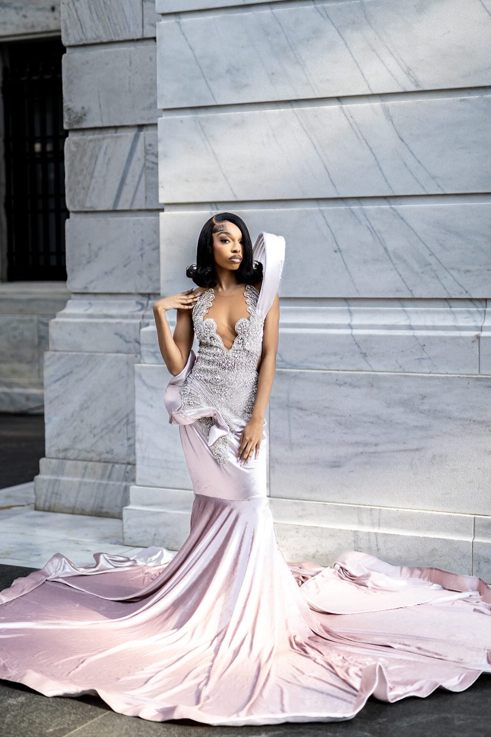 Blush Pink Mermaid Prom Dress Illusion Deep V Neck Silver Crystal Pearl Scalloped Lace Beaded Corset Oversized 3D Sculptural Bow Satin Cathedral Train Gown