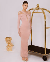 Blush Pink Off-Shoulder Long Sleeve Twist Knot Cutout Open Back Bodycon Maxi Formal Evening Dress