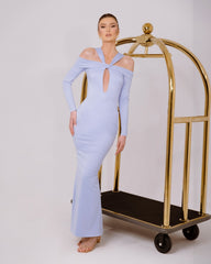 Blush Pink Off-Shoulder Long Sleeve Twist Knot Cutout Open Back Bodycon Maxi Formal Evening Dress