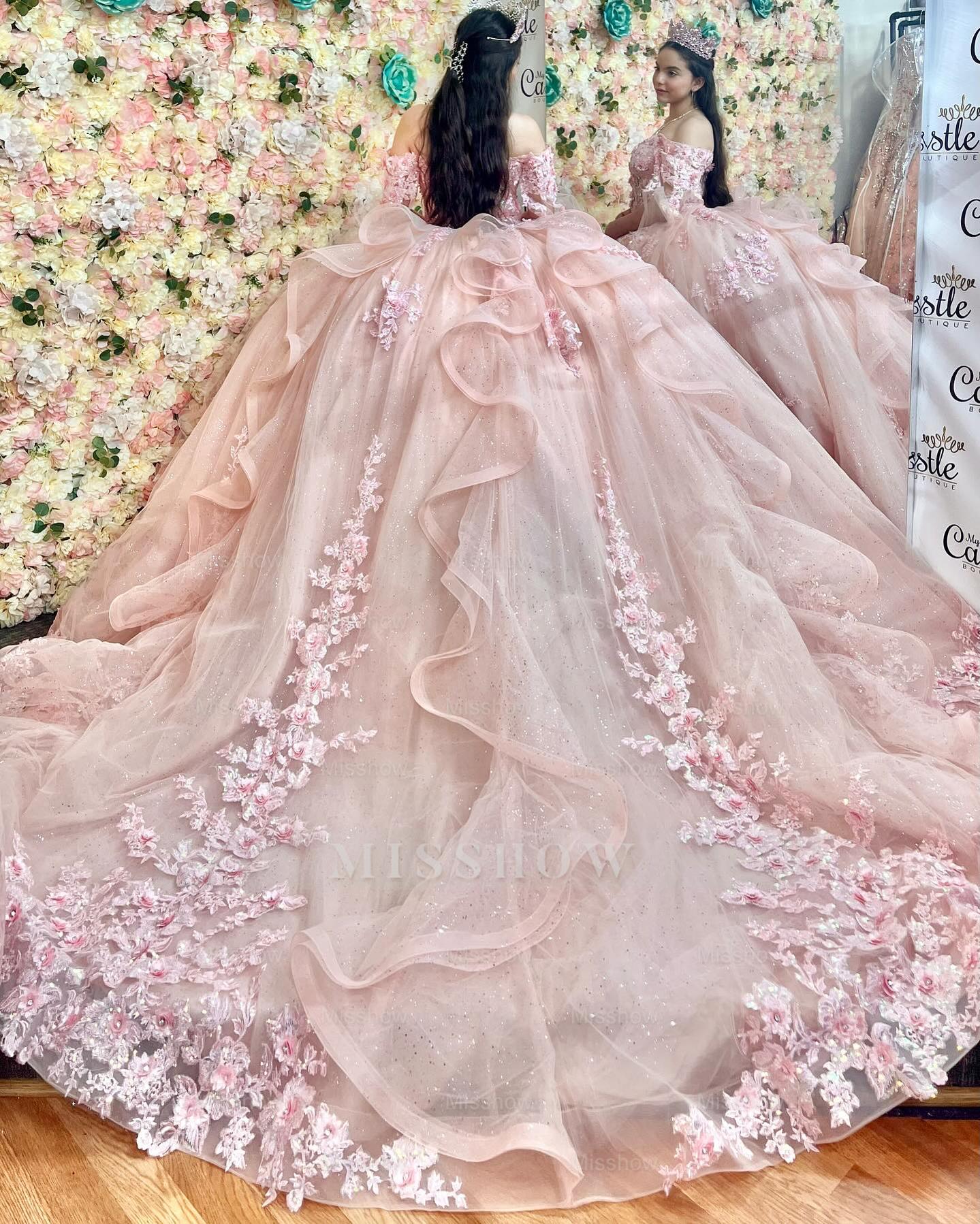 Blush Pink Off-the-Shoulder Sleeveless 3D Floral Applique Ball Gown Quinceanera Dress