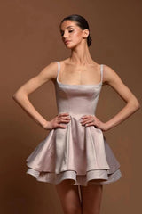 Blush Pink Satin Corset Mini Dress Square Neck Crystal Trim Tiered Ball Gown Skirt Ballet Inspired Party Gown