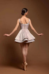 Blush Pink Satin Corset Mini Dress Square Neck Crystal Trim Tiered Ball Gown Skirt Ballet Inspired Party Gown