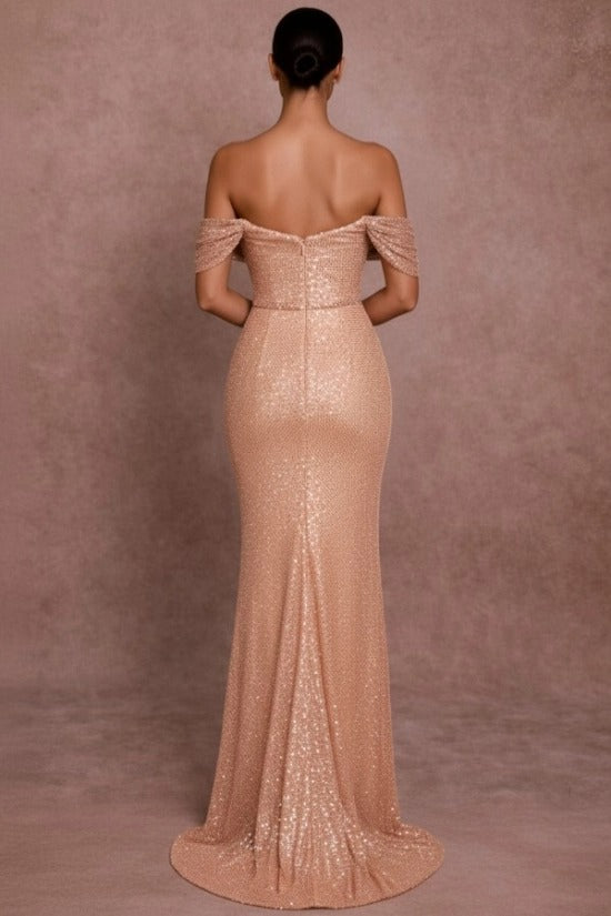 Blush Rhinestone Off-the-Shoulder Sequin Mermaid Floor Length Formal Evening Gown