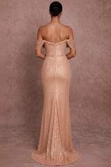 Blush Rhinestone Off-the-Shoulder Sequin Mermaid Floor Length Formal Evening Gown