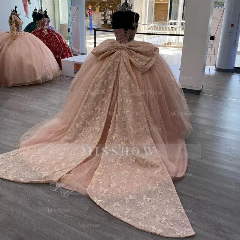 Blush Pink Spaghetti Straps Beaded Butterfly Applique Bow Ball Gown Quinceanera Dress