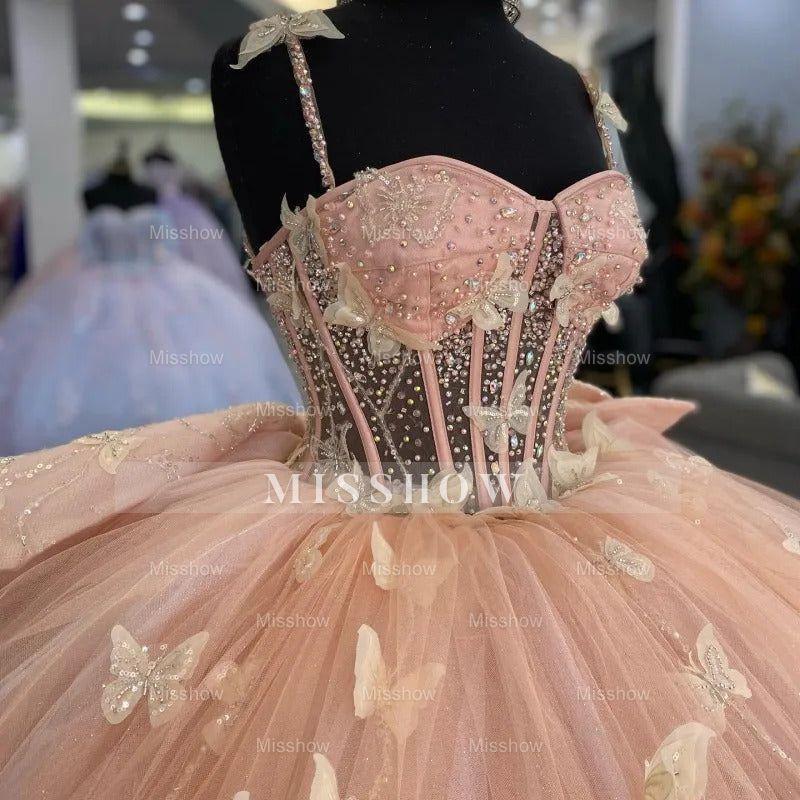 Blush Pink Spaghetti Straps Beaded Butterfly Applique Bow Ball Gown Quinceanera Dress