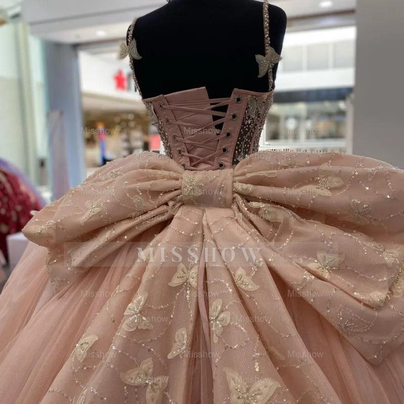 Blush Pink Spaghetti Straps Beaded Butterfly Applique Bow Ball Gown Quinceanera Dress