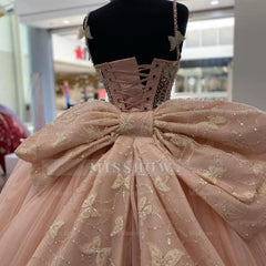 Blush Pink Spaghetti Straps Beaded Butterfly Applique Bow Ball Gown Quinceanera Dress