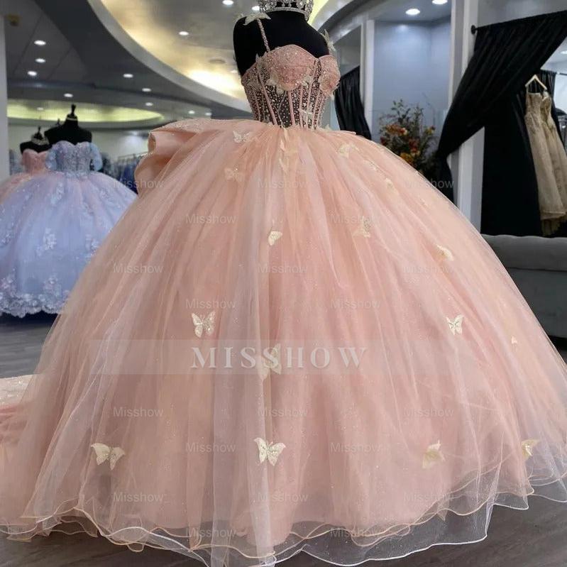 Blush Pink Spaghetti Straps Beaded Butterfly Applique Bow Ball Gown Quinceanera Dress