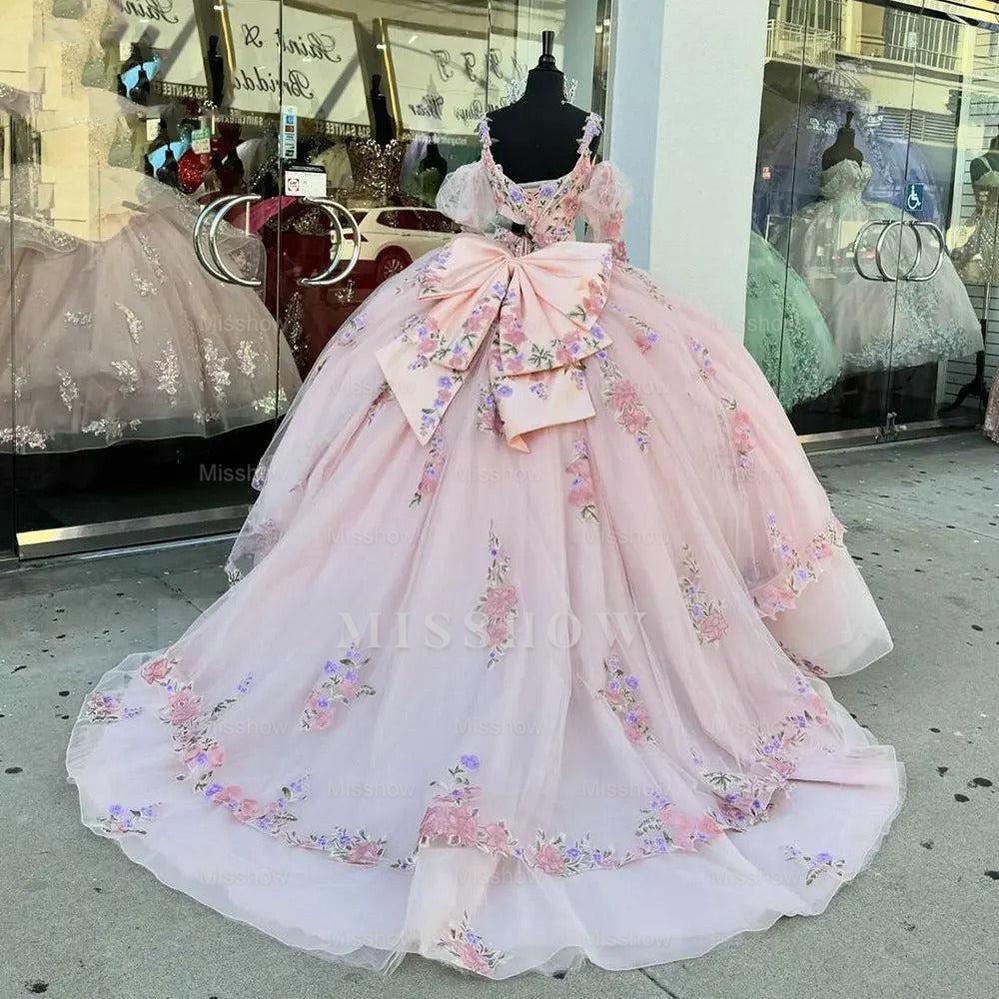 Blush Pink Sweetheart Cap Sleeve Floral Applique Beaded Ball Gown Quinceanera Dress