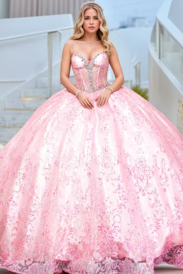 Blush Pink Sweetheart Sleeveless Rhinestone Beaded Applique Ball Gown Quinceanera Dress