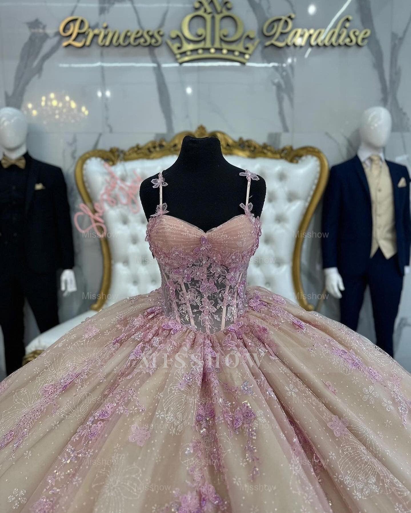 Blush Pink Sweetheart Spaghetti Straps Sequin Lace Applique Ball Gown Quinceanera Dress