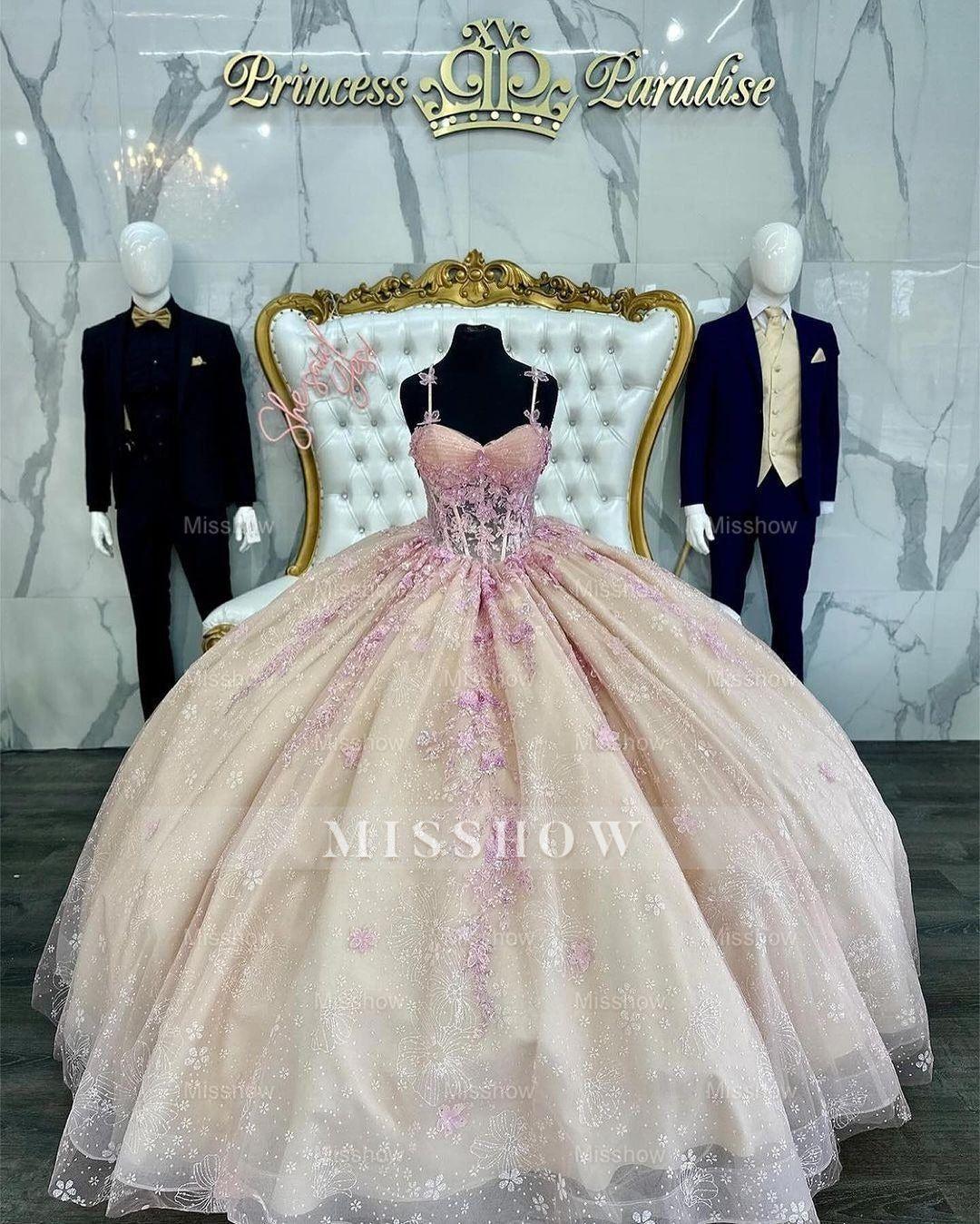 Blush Pink Sweetheart Spaghetti Straps Sequin Lace Applique Ball Gown Quinceanera Dress