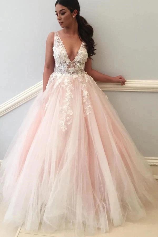 Pink v-neck applique A-line wedding dress