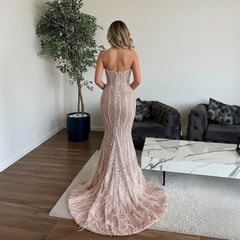 Blush Rhinestone Off Shoulder Sequin Mermaid Feather Floor Length Formal Evening Dress
