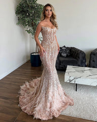 Blush Rhinestone Off Shoulder Sequin Mermaid Feather Floor Length Formal Evening Dress