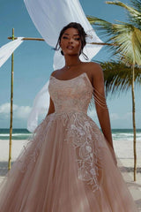Blush Tulle Ball Gown Wedding Dress Strapless Floral Lace Embroidery Pearl Chain Straps Cathedral Train