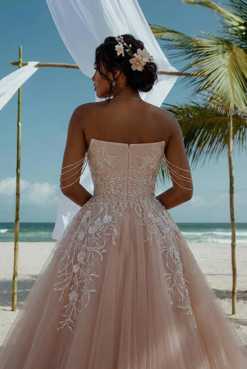 Blush Tulle Ball Gown Wedding Dress Strapless Floral Lace Embroidery Pearl Chain Straps Cathedral Train