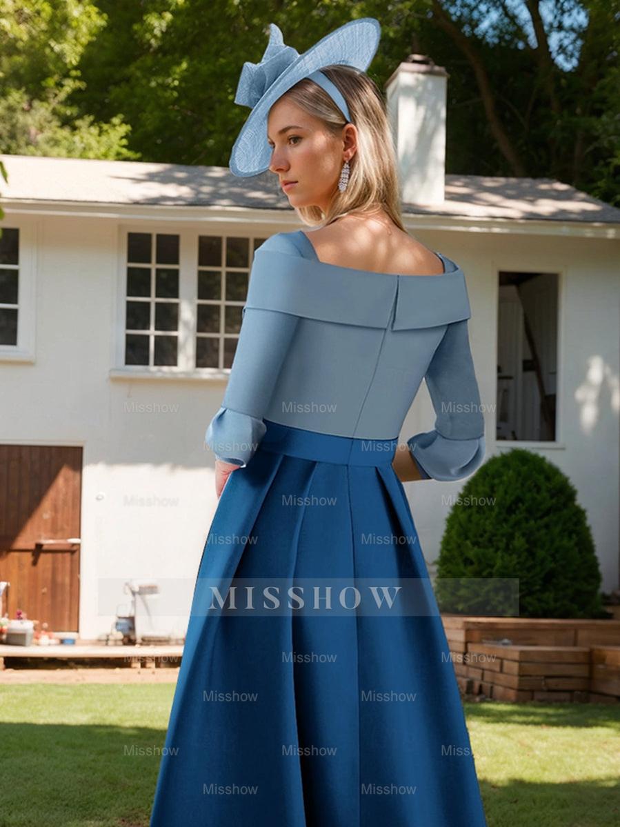 Boat Neck 3/4 Sleeve A-Line Princess Dress for Mother of the Bride & Groom with Floral Accent and Belt