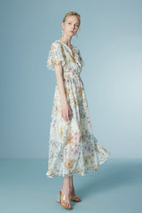 Boho Colorful Tea Length V-neck A-line Printed Dress with Short Sleeves