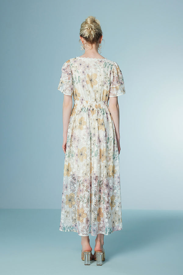 Boho Colorful Tea Length V-neck A-line Printed Dress with Short Sleeves