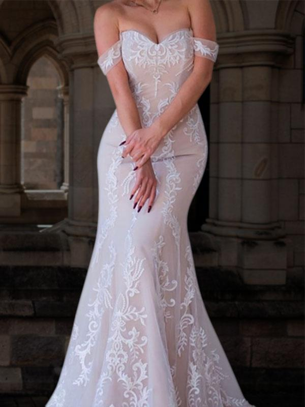 Boho Elegant Wedding Dresses Mermaid Off The Shoulder Customized Lace Short Sleeve Floor Length Bridal Gown With Sweep Train