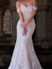Boho Elegant Wedding Dresses Mermaid Off The Shoulder Customized Lace Short Sleeve Floor Length Bridal Gown With Sweep Train