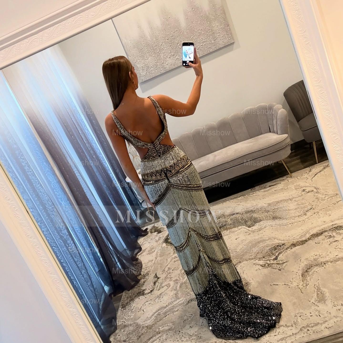 Boho Long Mermaid Silver V-neck Sleeveless Beaded Prom Dress with Slit