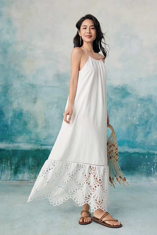 Boho Long White Halter Lace Sleeveless Dress