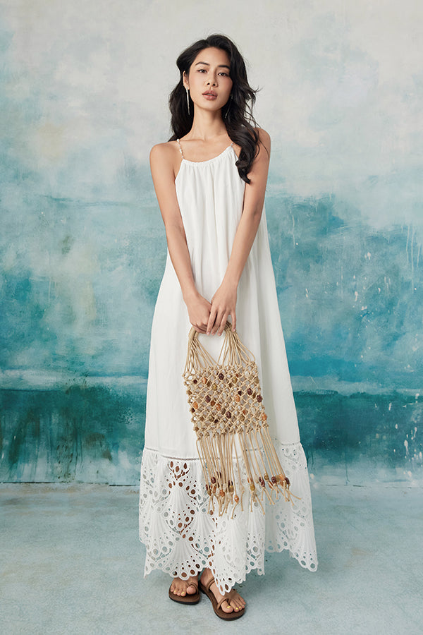 Boho Long White Halter Lace Sleeveless Dress