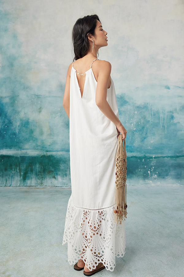 Boho Long White Halter Lace Sleeveless Dress