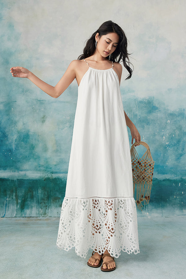 Boho Long White Halter Lace Sleeveless Dress