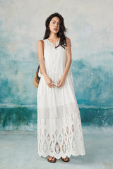 Boho Long White Sleeveless Lace Dress