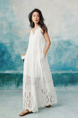 Boho Long White Sleeveless Lace Dress