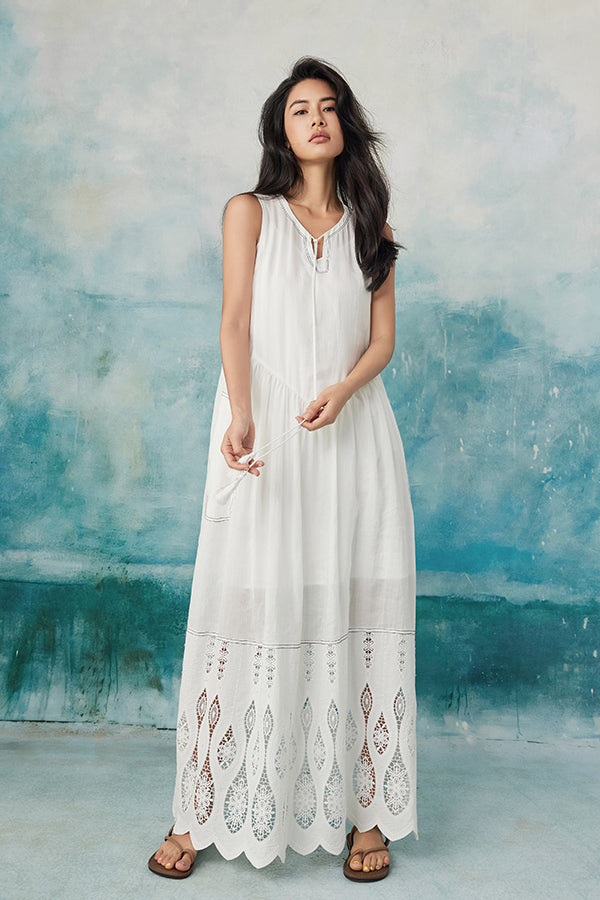 Boho Long White Sleeveless Lace Dress