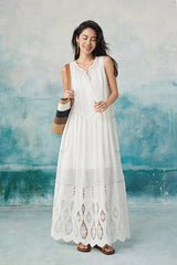 Boho Long White Sleeveless Lace Dress