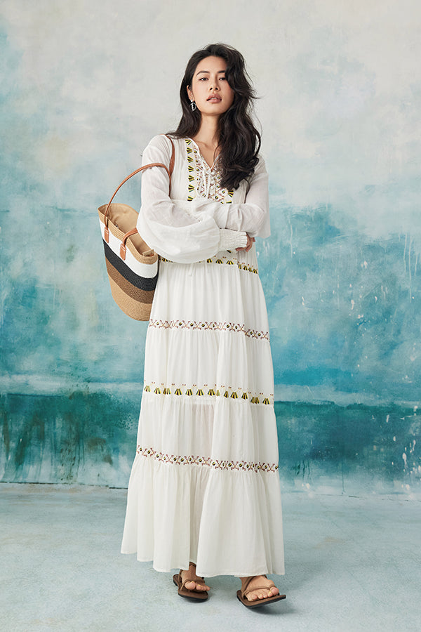 Boho Long White V-neck Long Sleeves Dress