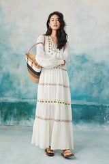 Boho Long White V-neck Long Sleeves Dress