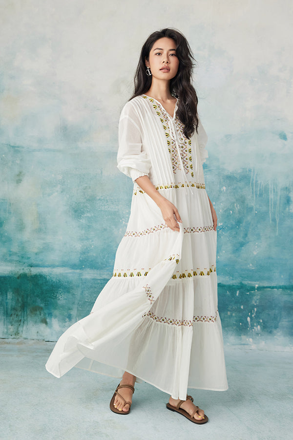 Boho Long White V-neck Long Sleeves Dress
