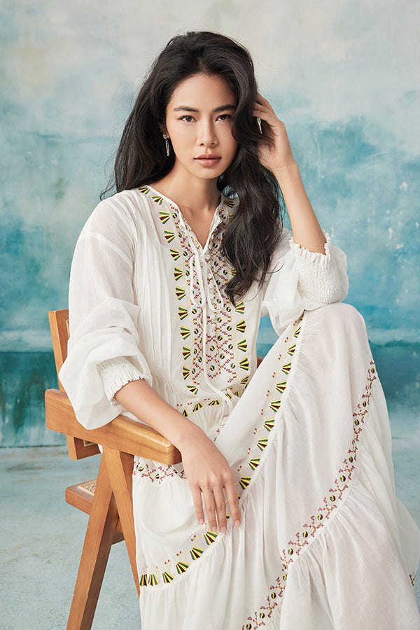 Boho Long White V-neck Long Sleeves Dress