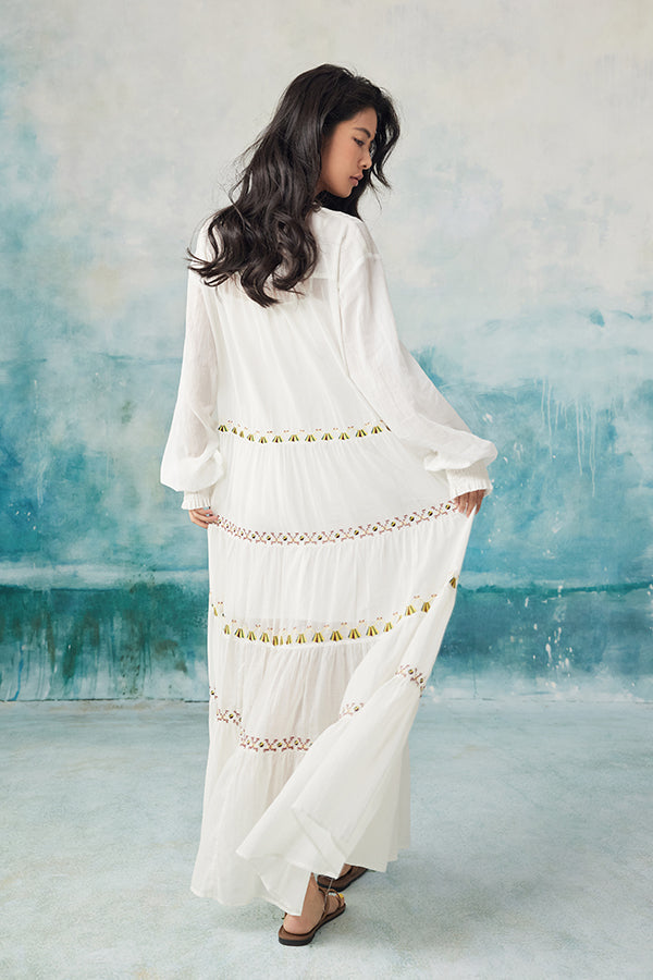 Boho Long White V-neck Long Sleeves Dress