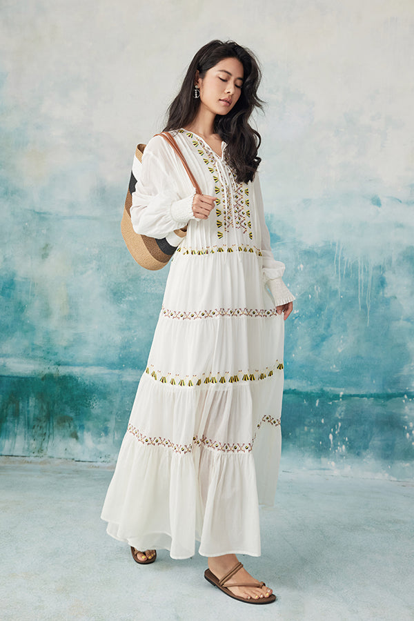 Boho Long White V-neck Long Sleeves Dress