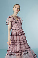 Boho Pink Tea Length V-neck Lace Dress with Short Sleeves