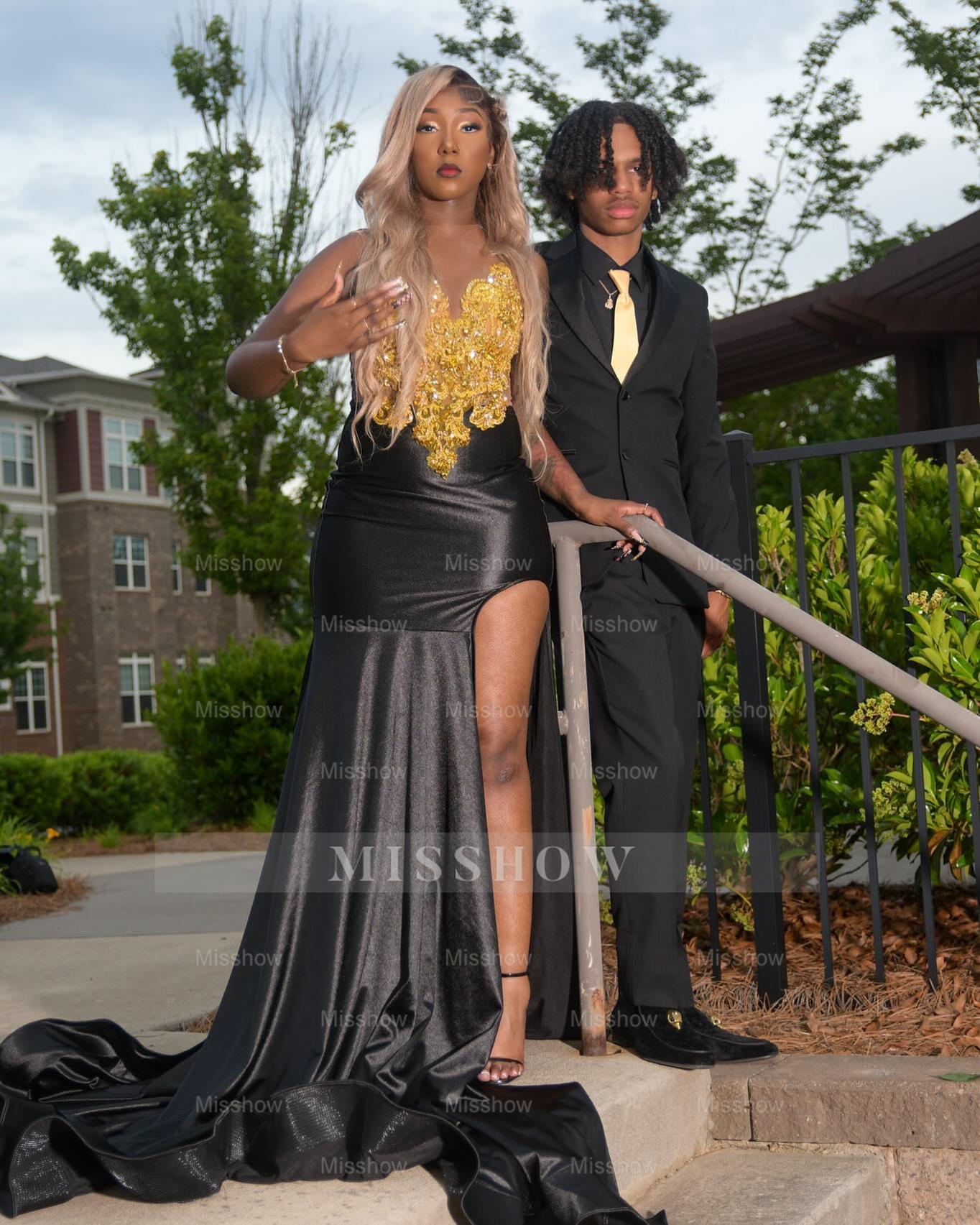 Bold Black V-Neck Sleeveless Mermaid Prom Dress with Beaded Appliques and Slit