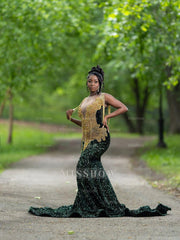 Bold Long Dark Green Sequined V-Neck Sleeveless Mermaid Prom Dress with Rhinestones and Tassels