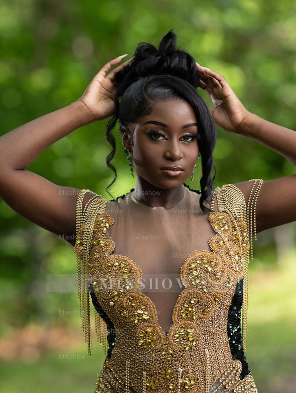 Bold Long Dark Green Sequined V-Neck Sleeveless Mermaid Prom Dress with Rhinestones and Tassels